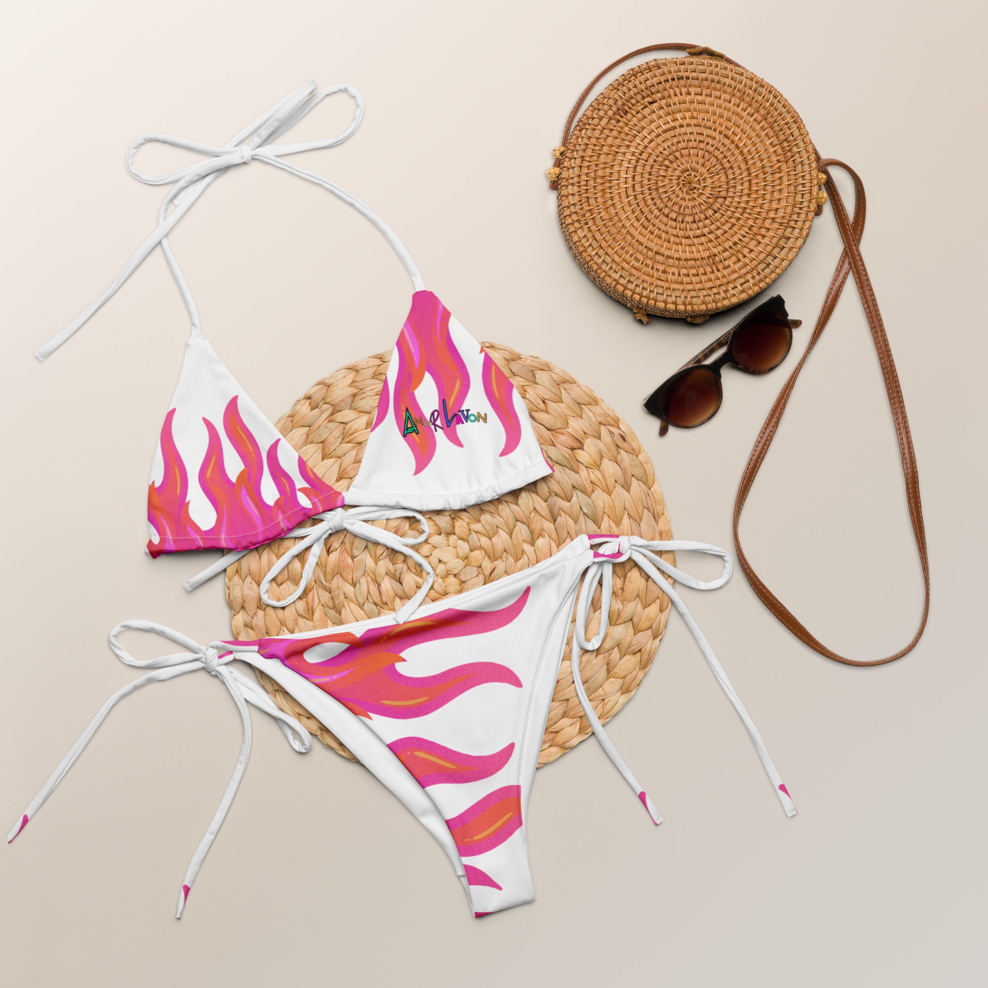 Amor Lavon Pink Flame All-over print recycled string bikini