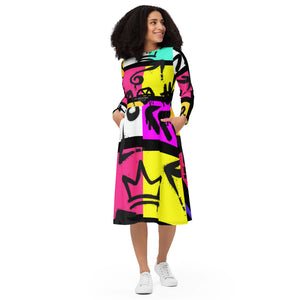 A.L Queen Drip All-over print long sleeve midi dress