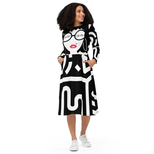 A.L Diva All Day All-over print long sleeve midi dress