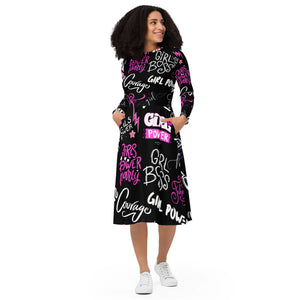 A.L Stay Strong Queen All-over print long sleeve midi dress