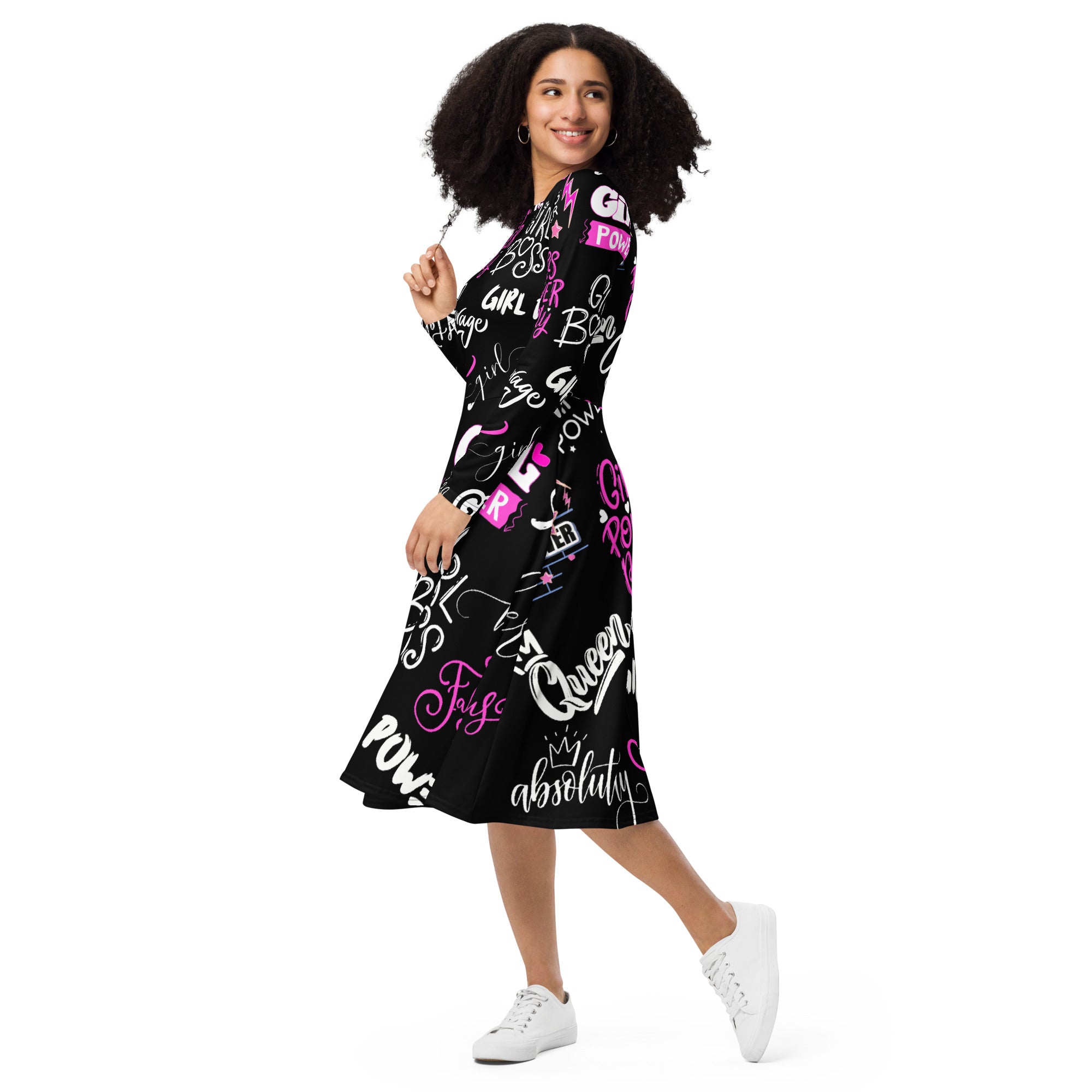 A.L Stay Strong Queen All-over print long sleeve midi dress