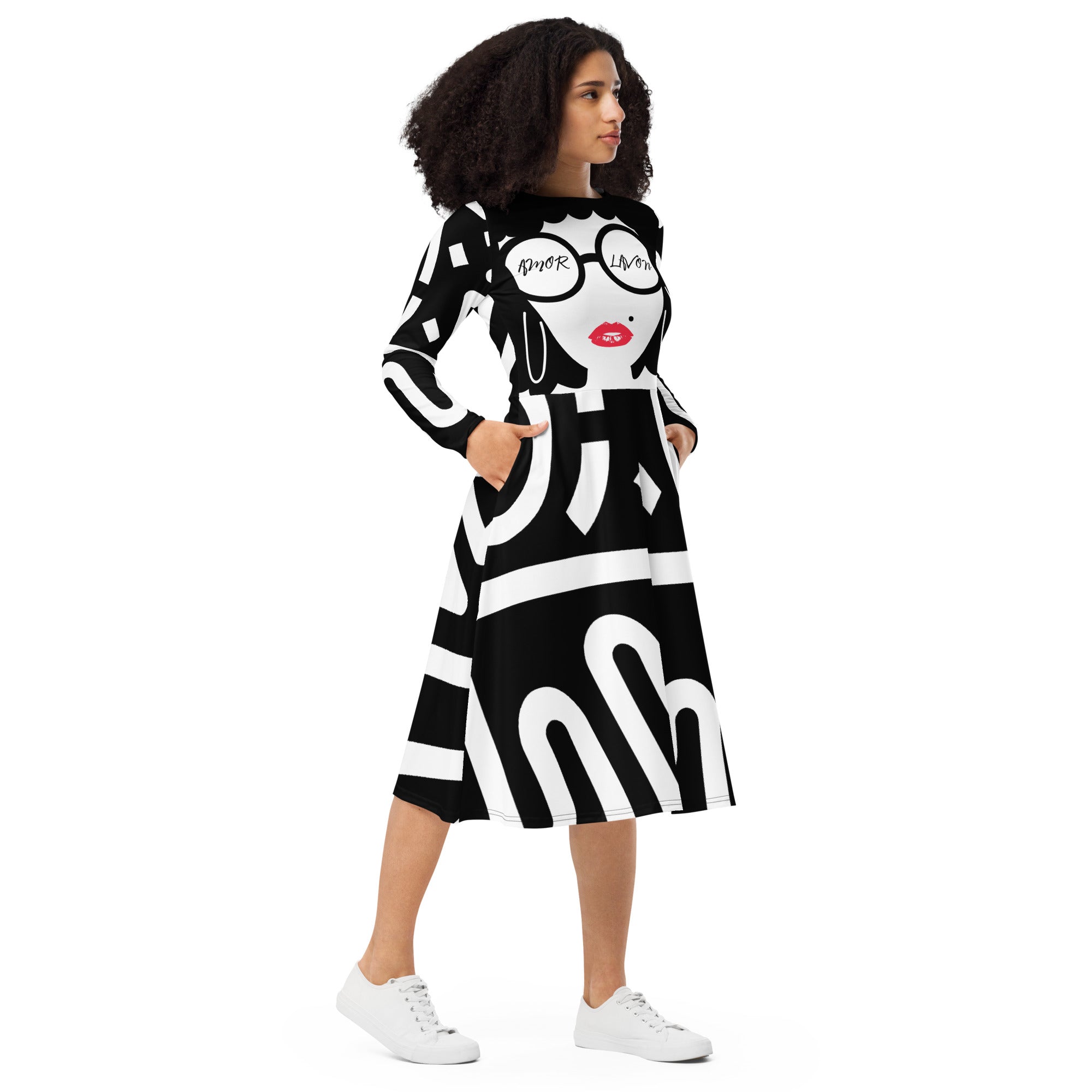 A.L Diva All Day All-over print long sleeve midi dress