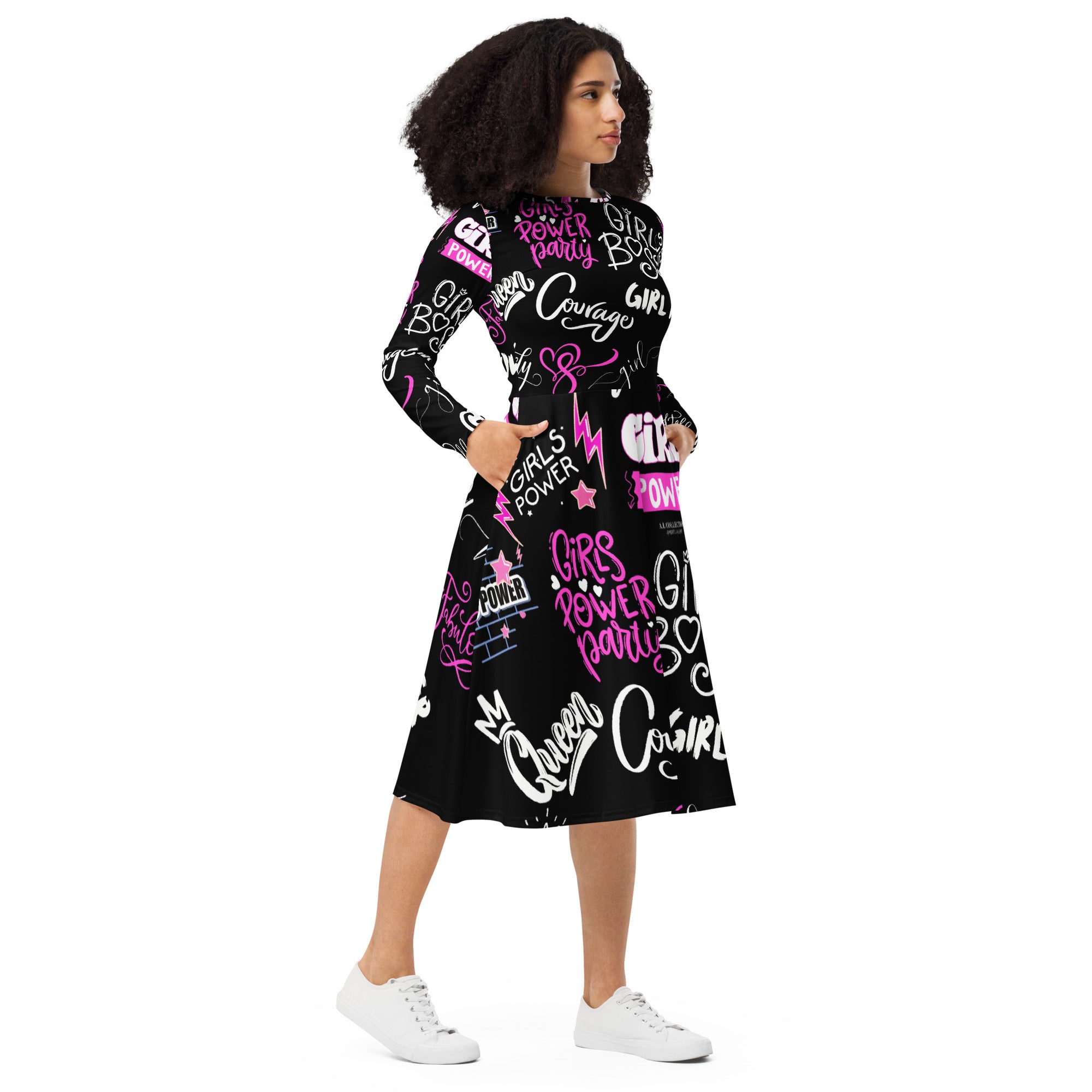 A.L Stay Strong Queen All-over print long sleeve midi dress